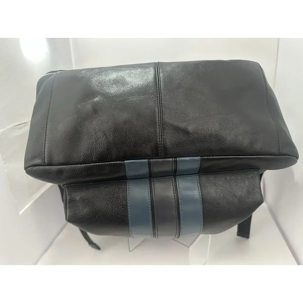 Coach Black Leather Backpack Blue Stripe Men’s Large Travel Laptop Bag